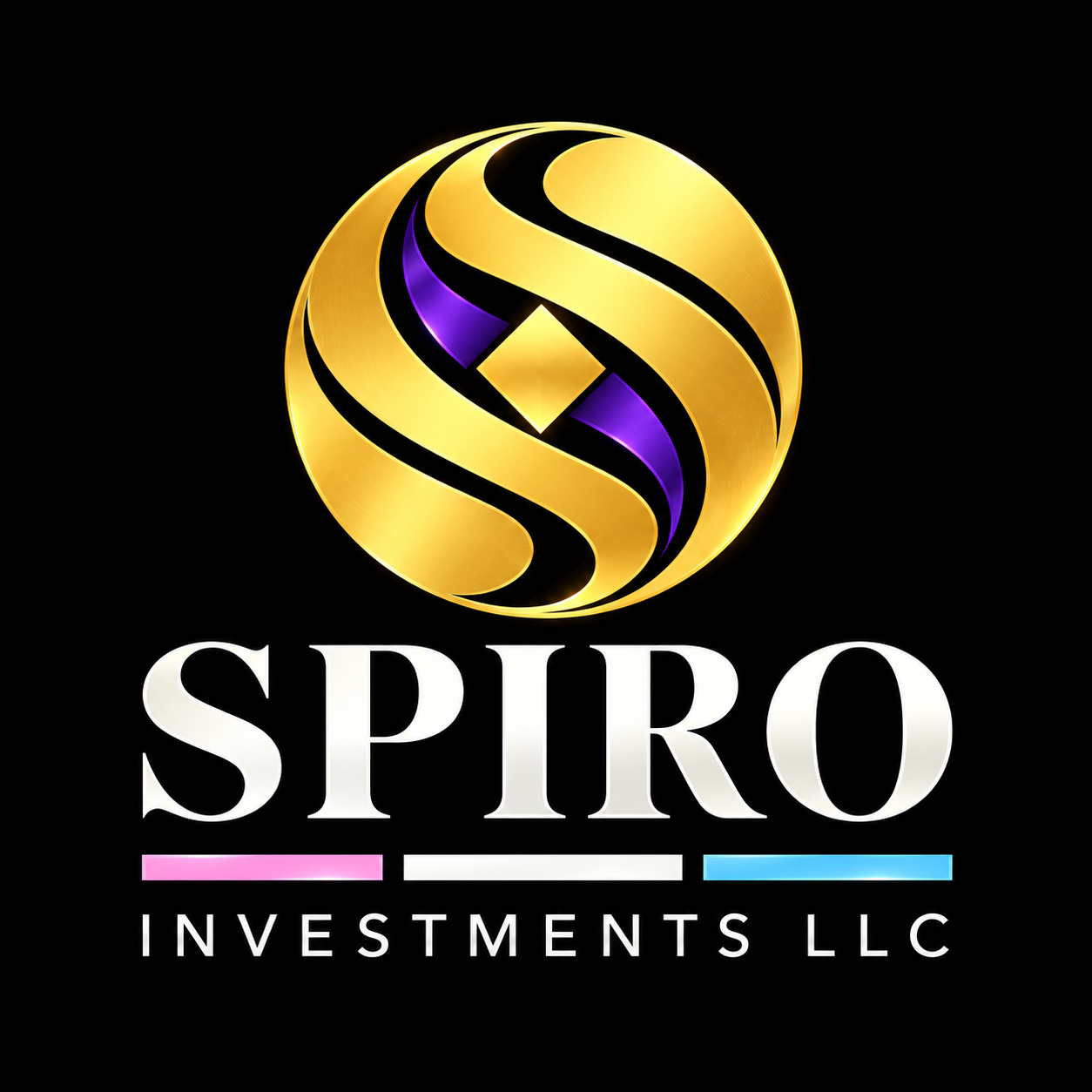 Spiro Investments LLC gold and purple emblem with pink, white, and blue accents